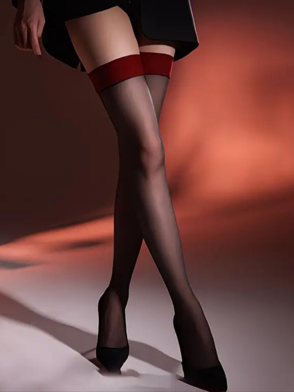 Very Sheer Black Thigh-High Stockings W/Wine Red Stretchy Knit Top Band (OS)